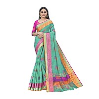 Sidhidata Womens Kota Doria Cotton Saree With Unstitched Blouse Piece (Free Size_Seagreen)