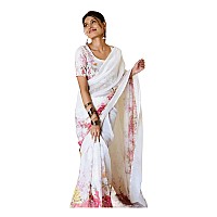 Sidhidata Linen Womens Printed Holi Special Saree With Unstitched Blouse Piece (Free Size_White)