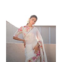 Sidhidata Linen Womens Printed Holi Special Saree With Unstitched Blouse Piece (Free Size_White)