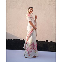 Sidhidata Linen Womens Printed Holi Special Saree With Unstitched Blouse Piece (Free Size_White)