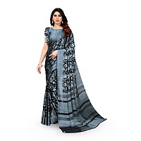 MIRCHI FASHION Womens Chiffon Floral Printed Saree with Blouse Piece Black Greyish Blue