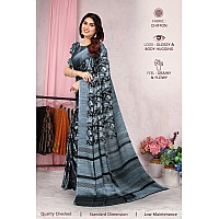 MIRCHI FASHION Womens Chiffon Floral Printed Saree with Blouse Piece Black Greyish Blue