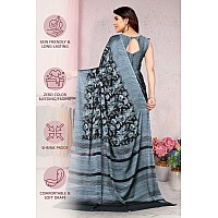 MIRCHI FASHION Womens Chiffon Floral Printed Saree with Blouse Piece Black Greyish Blue