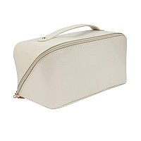 XIVUMN Large Capacity Travel Cosmetic Bag, Leather Makeup Bag with Handle and Divider, Waterproof Cosmetic Bag, Portable Leather Toiletry Bag, Roomy Cosmetic Bag for Women & Girls(White)