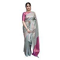 SGF11 Womens Kanjivaram Soft Lichi Silk Saree With Blouse Piece Grey Purple