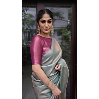 SGF11 Womens Kanjivaram Soft Lichi Silk Saree With Blouse Piece Grey Purple