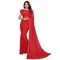 SIRIL Womens Lace & Pearl Work Rasel Net Saree with Unstitched Blouse Piece(2774S191A_Red1)