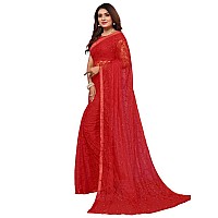 SIRIL Womens Lace & Pearl Work Rasel Net Saree with Unstitched Blouse Piece(2774S191A_Red1)