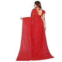 SIRIL Womens Lace & Pearl Work Rasel Net Saree with Unstitched Blouse Piece(2774S191A_Red1)