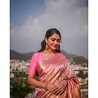 SGF11 Womens Kanjivaram Pure Zari Woven Soft Silk Saree With Blouse Piece Orange Pink