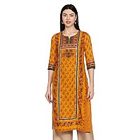 BIBA Women Cotton Printed Straight Kurta(MNMASSORTED17265_Mustard Yellow_L)