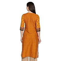 BIBA Women Cotton Printed Straight Kurta(MNMASSORTED17265_Mustard Yellow_L)