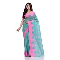 dB DESH BIDESH Women`s Traditional Tant Pure Handloom Cotton Saree Woven Tri Flower Designer Without Blouse Piece (Firoza)