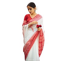 Sareekatha Womens Handloom Cotton Saree with Running Blouse Piece. (Red White)