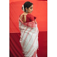 Sareekatha Womens Handloom Cotton Saree with Running Blouse Piece. (Red White)