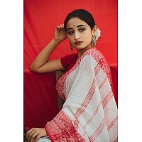 Sareekatha Womens Handloom Cotton Saree with Running Blouse Piece. (Red White)