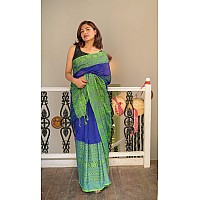 Sareekatha Womens Handloom Cotton Saree with Running Blouse Piece Navy Blue