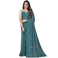 SIRIL Womens Floral Printed Silk Crepe Saree with Unstitched Blouse Piece2858S2463Rama Green Blue