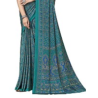 SIRIL Womens Floral Printed Silk Crepe Saree with Unstitched Blouse Piece2858S2463Rama Green Blue