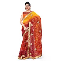 MIRCHI FASHION Womens Plain Weave Georgette Bandhani Printed Saree with Blouse Piece 37903Orange Red Yellow