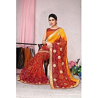 MIRCHI FASHION Womens Plain Weave Georgette Bandhani Printed Saree with Blouse Piece 37903Orange Red Yellow