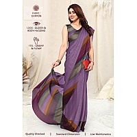 MIRCHI FASHION Womens Plain Weave Chiffon SolidStripe Print Saree with Blouse Piece (38162-Violet)