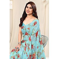 MIRCHI FASHION Womens Plain Weave Chiffon Botanical Printed Saree with Blouse Piece 38266Light Turquoise Red Orange