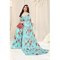 MIRCHI FASHION Womens Plain Weave Chiffon Botanical Printed Saree with Blouse Piece 38266Light Turquoise Red Orange