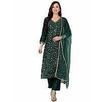 Vaamsi Women's Silk Blend Floral Embroidered Straight Kurta Pant with Dupatta (VKSKD1754_Green_M)