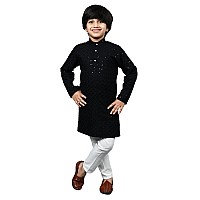 Ahhaaaa Kids Cotton Full Sequin Embroidery Mirror Work Kurta Set With Classic Pajama For Boys Black 910 Yrs 502Mf 910 Years