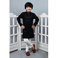 Ahhaaaa Kids Cotton Full Sequin Embroidery Mirror Work Kurta Set With Classic Pajama For Boys Black 910 Yrs 502Mf 910 Years