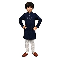 Ahhaaaa Kids Cotton Full Sequin Embroidery Mirror Work Kurta With Pajama Set For Boys Navy 89 Yrs 502Mf Blue 89 Years