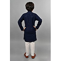 Ahhaaaa Kids Cotton Full Sequin Embroidery Mirror Work Kurta With Pajama Set For Boys Navy 89 Yrs 502Mf Blue 89 Years