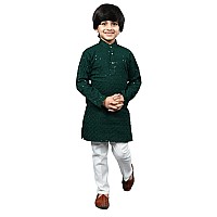 Ahhaaaa Cotton Kids Full Sequin Embroidery Mirror Work Kurta With Pajama For Boys Green 34 Yrs 502Mf