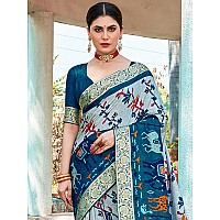 AKHILAM Womens Pochampally Viscose Ikat Woven Design Zari Border Work Saree With Unstitched Blouse Piece Teal blueSMART4006SS