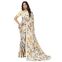 rangita Women Floral Printed Georgette Saree With Blouse Piece - Off White (SIZE 5.5 MTR)