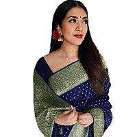 Twixxle Womens Banarasi Soft Lichi Silk Saree Beautiful Jacquard Rich Pallu Design Work Zari Woven Kanjivaram Silk Style Saree With Soft Lichi Silk Blouse Piece (Blue B)