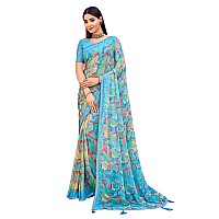 Amazon Brand - Anarva Womens Chiffon Printed Banarasi Border Saree With Blouse Piece(Savyaa-22801-A), Blue