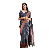 Twixxle Womens Woven Kanjivaram Pattu Silk Saree With Blouse Piece Soft Finish Banarasi Silk Saree (NavyBlue-Copper)