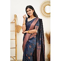 Twixxle Womens Woven Kanjivaram Pattu Silk Saree With Blouse Piece Soft Finish Banarasi Silk Saree (NavyBlue-Copper)