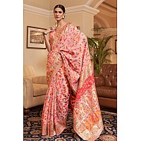 SGF11 Womens Kanjivaram Pure Soft Silk Handloom Saree Pure Golden Zari With Blouse Piece Peach