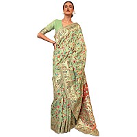 SGF11 Womens Kanjivaram Pure Soft Silk Handloom Saree Pure Golden Zari With Blouse Piece Light Green