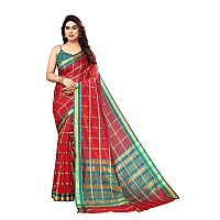 Sidhidata Womens Kota Doria Cotton Checks Saree With Unstitched Blouse Piece (Selfiee Red_Red_Free Size)