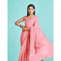 AKHILAM Womens Chiffon Lace Work Designer Saree With Unstitched Blouse Piece GLMP1205Pink