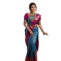 Twixxle Womens Woven Kanjivaram Pattu Silk Saree With Blouse Piece Soft Finish Banarasi Silk Saree (Firozi-Pink)