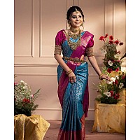 Twixxle Womens Woven Kanjivaram Pattu Silk Saree With Blouse Piece Soft Finish Banarasi Silk Saree (Firozi-Pink)