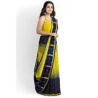 OISHANI SAREE GHOR Polyester Womens Traditional Bengal Ikkat Handloom Saree (Lemon Nevy Blue)