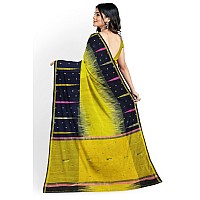 OISHANI SAREE GHOR Polyester Womens Traditional Bengal Ikkat Handloom Saree (Lemon Nevy Blue)