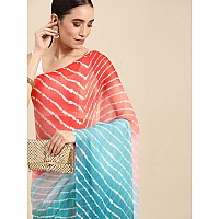 RANI SAAHIBA Womens Chiffon Lehriya Printed Saree Without Blouse SSKR9117TurquoiseRed