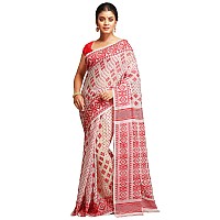 BENGAL HANDLOOM Exclusive Womens Cotton Silk Dhakai Allover Soft Jamdani Saree (Red & White)